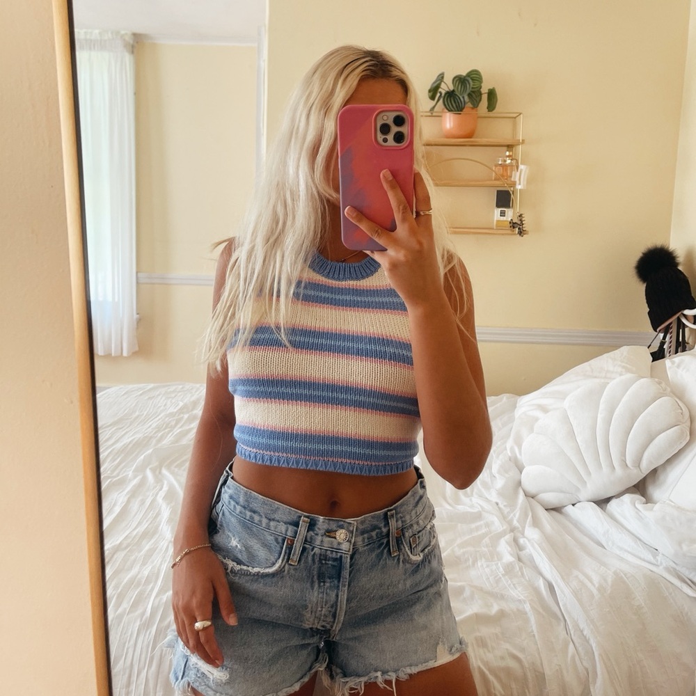 Zara Blue & Pink Knit Backless Halter Top
